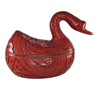 Vintage Red Cinnabar Duck Goose Swan Figure Lidded Box Lacquered